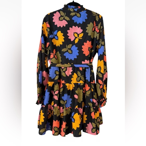 NWT J.Marie Black Flounce Bright Flowers Dress Small S Long Sleeve Tiered Boho - Picture 4 of 6